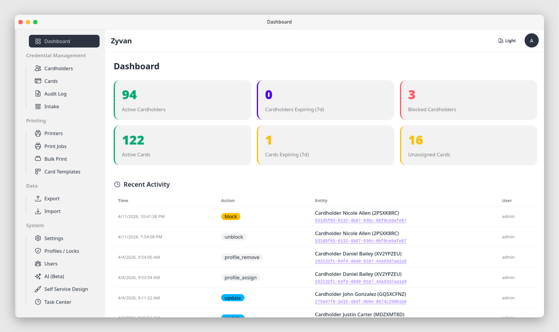 Card management platform dashboard